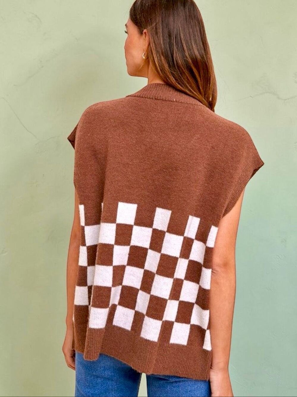 Annie Wear Brown Checkerboard Sweater Vest Button Front Knit Cardigan NEW - Picture 9 of 15